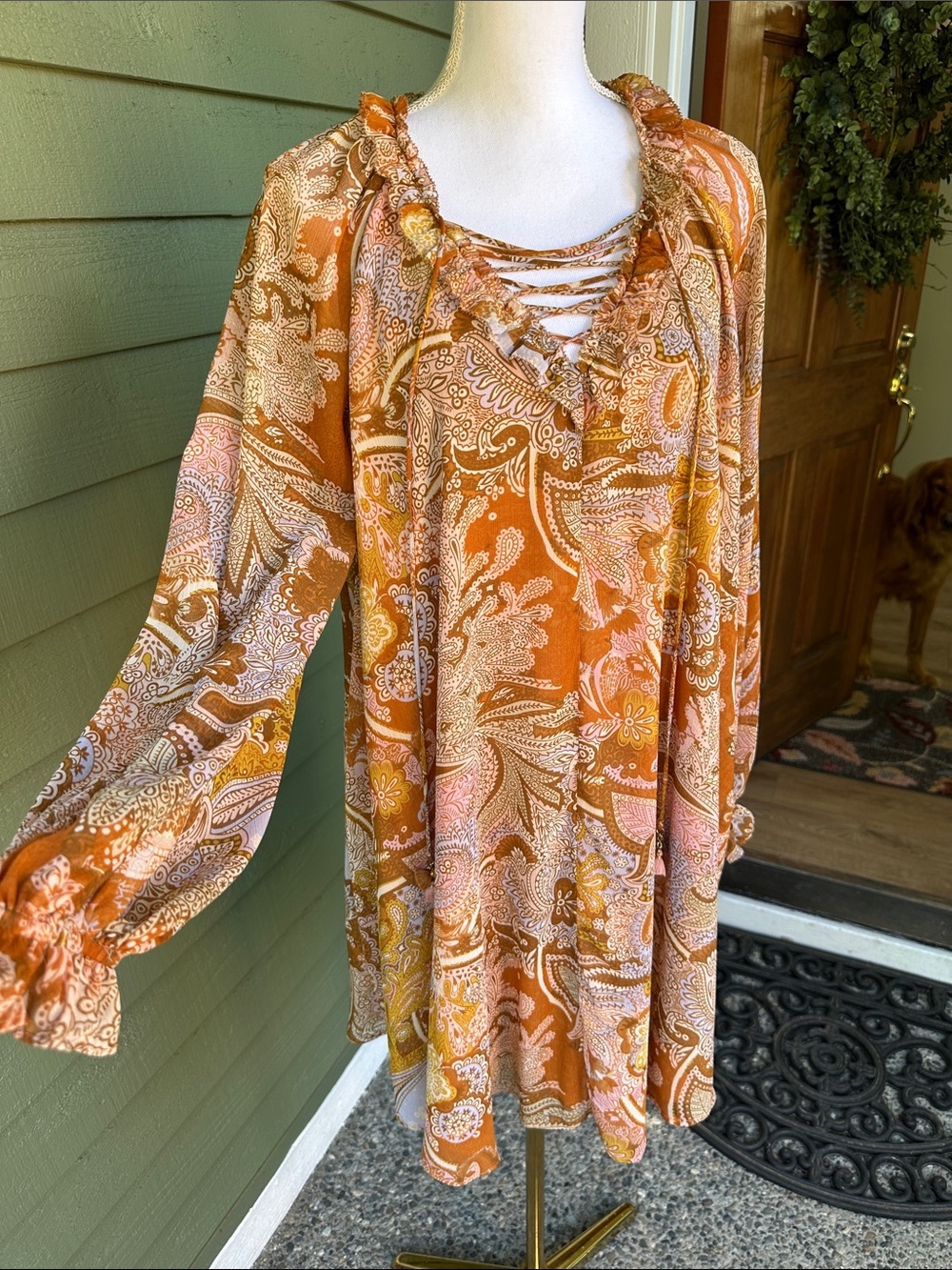 Haute Hippie retro burnt orange Floral trapeze chiffon dress - Picture 4 of 11